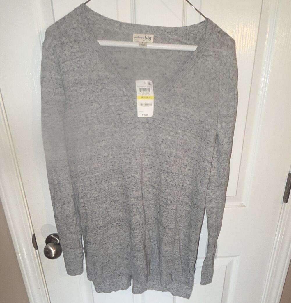 Maison Jules Women's Gray V-Neck Ribbed Knit 100% Cotton Pullover Sweater M